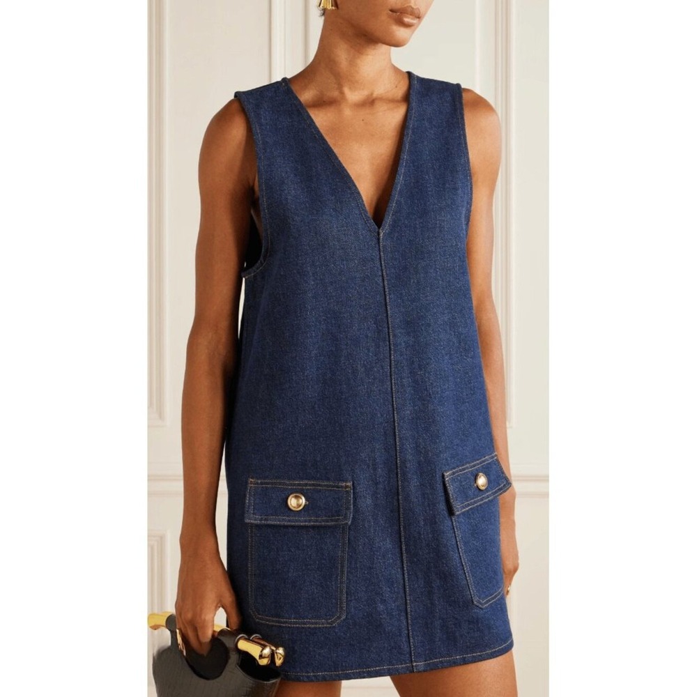 Frame Denim The Pinafore Dress M Blue Denim Dark Gold Button Mini Sleeveless